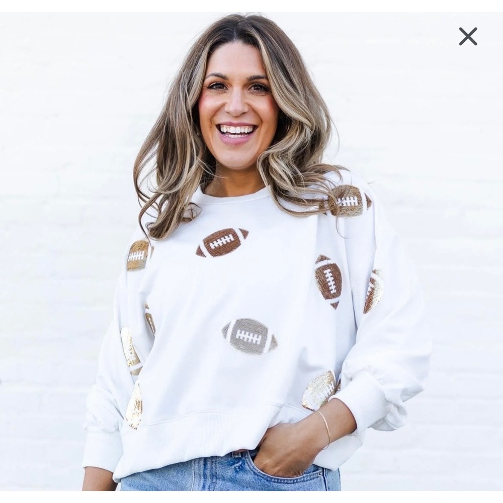 Mary Square Millie Sequin Football Sweatshirt White Game Day Small 53680 NEW